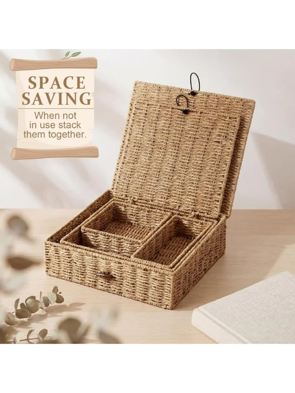Set of 4 Woven Wicker Storage Baskets with Lids - Decorative Rattan Organizers
